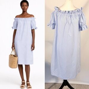 H&M Blue White Stripe Off Shoulder Dress Cotton Poplin Midi Sz XS💚